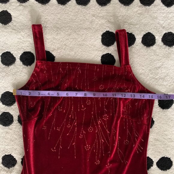 Vintage 90s Red Velvet Maxi Slip Dress Square Neck Glitter Side Slit Long Gown - Picture 13 of 16